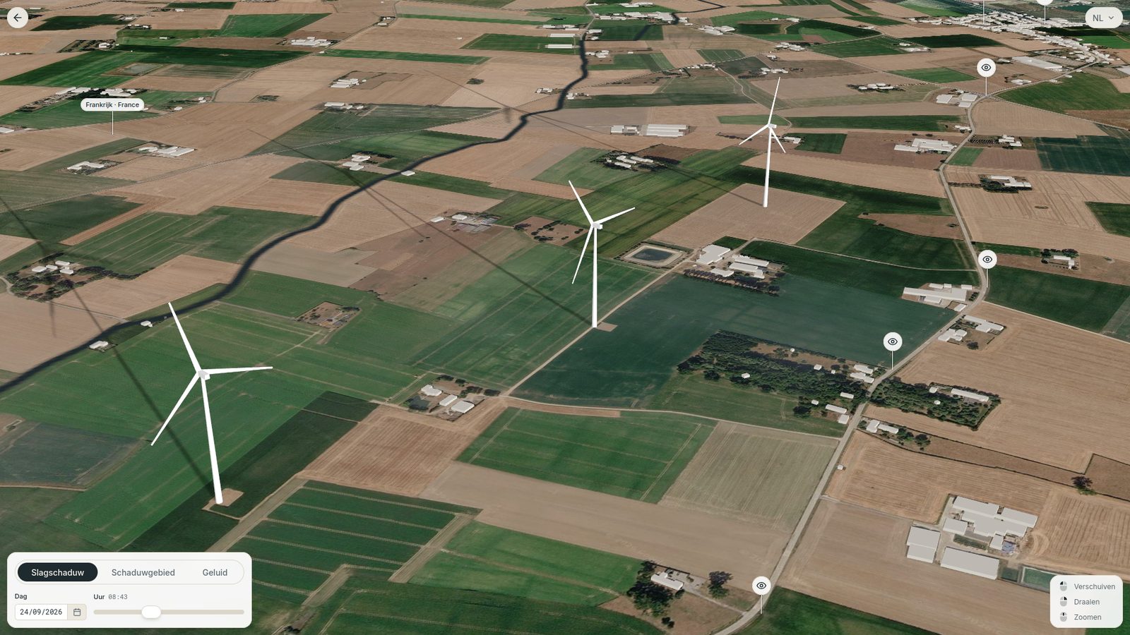 Capture d'écran du simulateur : trois éoliennes sur la carte 3D autour de Leisele avec leur ombre portée